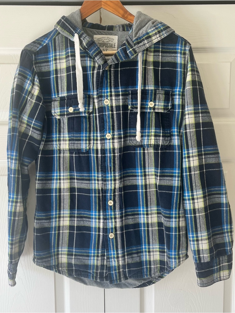 Aeropostale Navy, Blue & Gray Plaid Hooded Button Shirt jacket Mens Size S